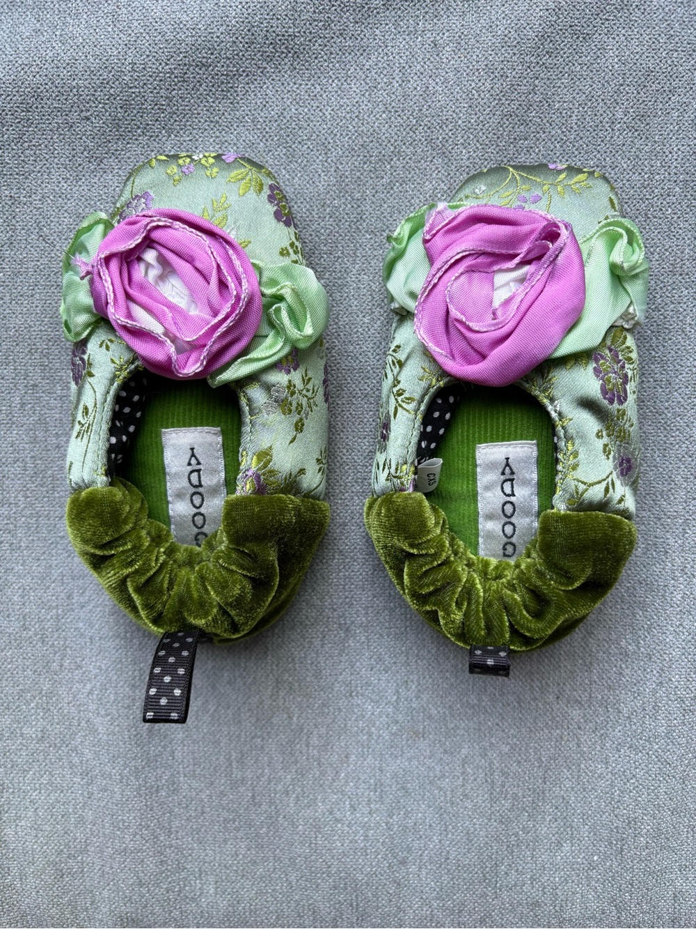 Baby Floral Slip-On Shoes-slippers with Pink Rose Accent - Green
